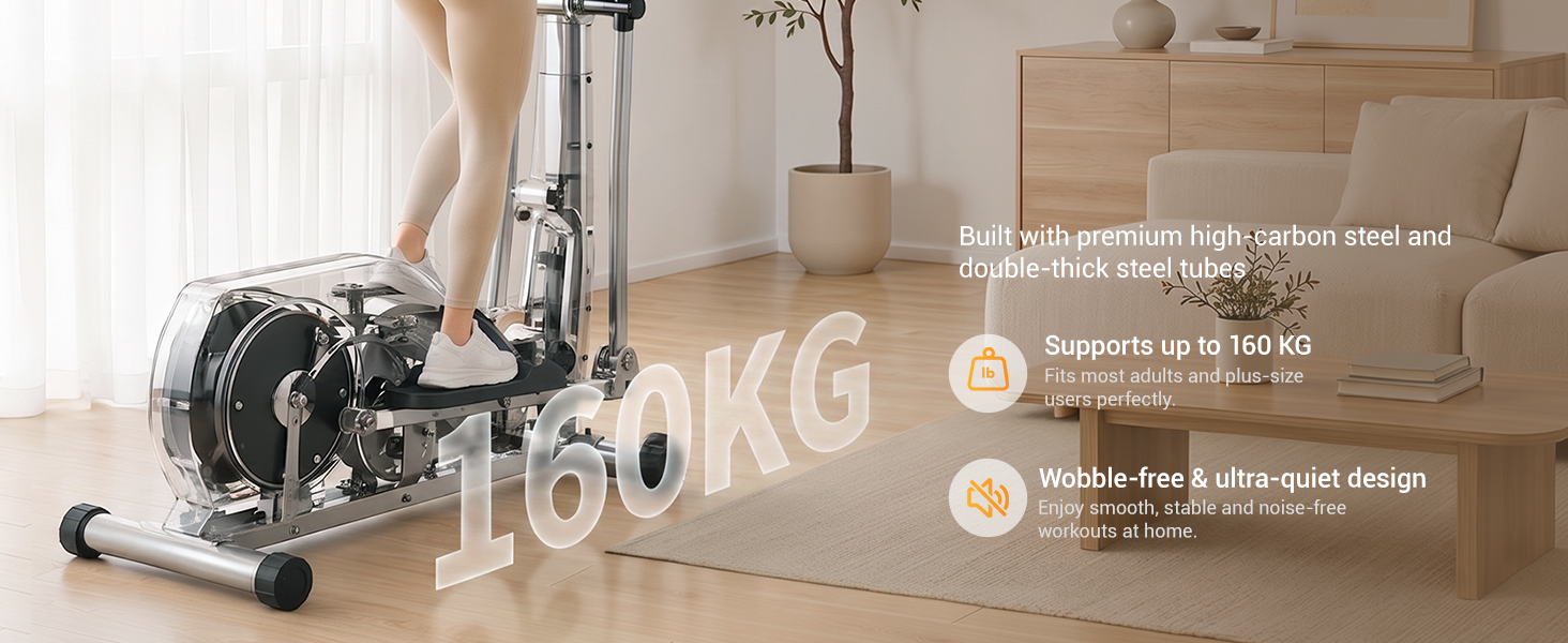 03 160 KG Weight Capacity - Built with premium high-carbon steel and double-thick steel tubees _ Umay ET30 Hyper-Quiet Magnetic Elliptical Machine