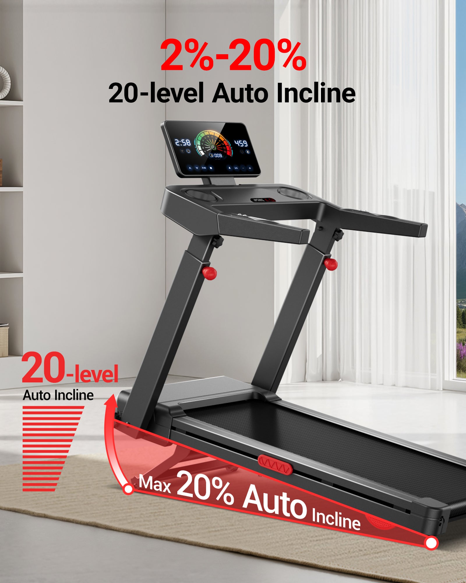 2%-20% 20-level Auto Incline_Umay L10 Foldable Treadmill 20% Auto Incline with Pulse Sensors 14KMH