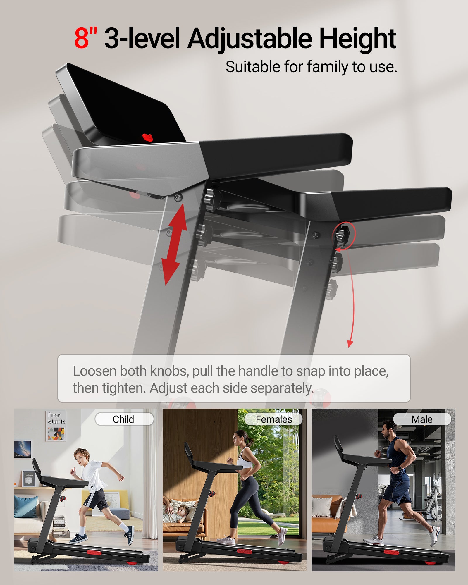 8 3-level Adjustable Height_Umay L10 Foldable Treadmill 20% Auto Incline with Pulse Sensors 14KMH