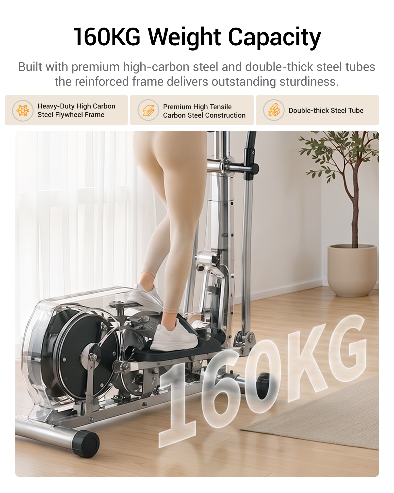 04 160 KG Weight Capacity - Built with premium high-carbon steel and double-thick steel tubees _ Umay ET30 Hyper-Quiet Magnetic Elliptical Machine
