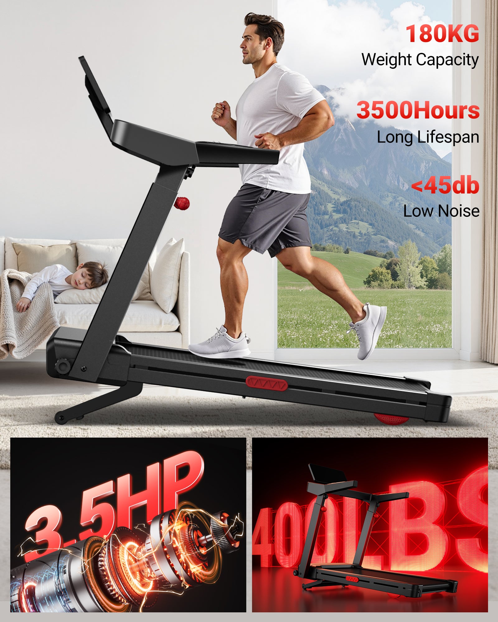 180KG Weight Capacity 3500Hours Long Lifespan 45db Low Noise_Umay L10 Foldable Treadmill 20% Auto Incline with Pulse Sensors 14KMH