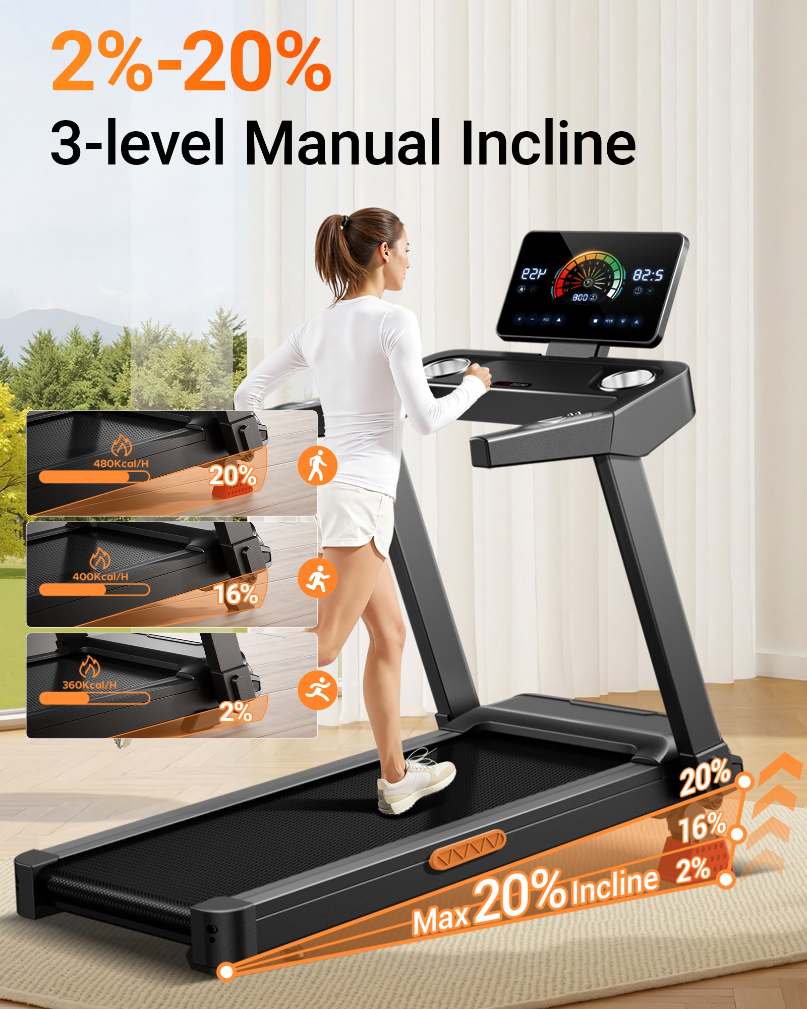 2%-20% 3-level Manual Incline_Umay L20 Foldable Treadmill with 20% Manual Incline, 14KMH & 180KG Capacity