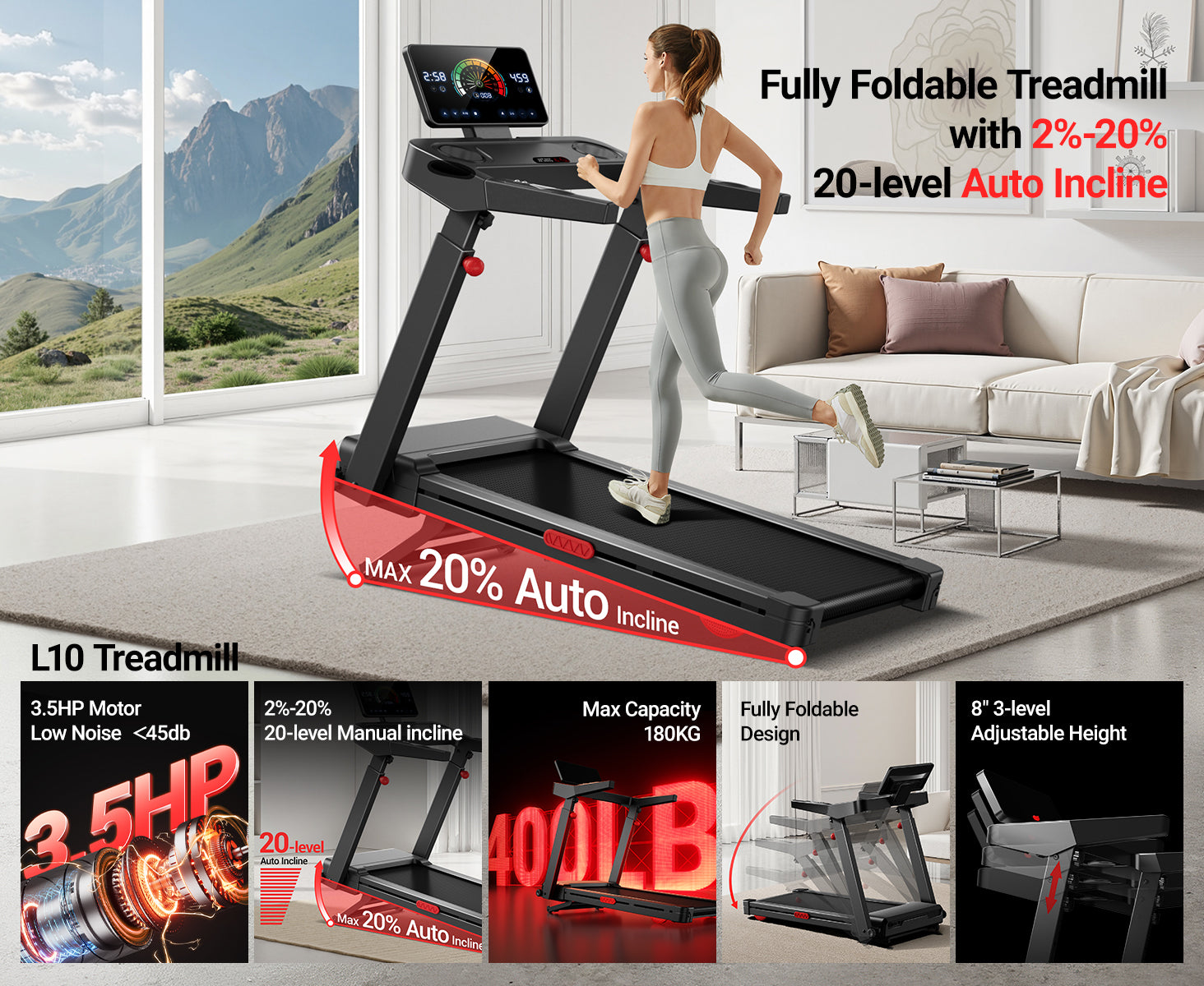 Fully Foldable Treadmill with 2%-20% 20-level Auto Incline_Umay L10 Foldable Treadmill 20% Auto Incline with Pulse Sensors 14KMH